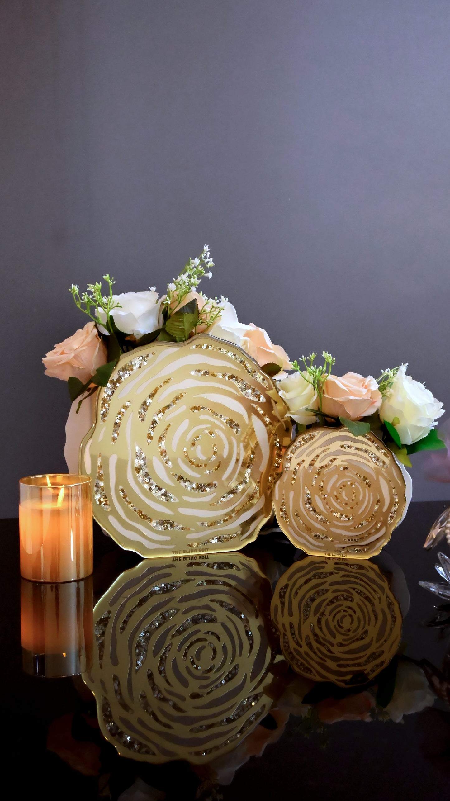 White & Gold Rosette Sequins: 10" Vase