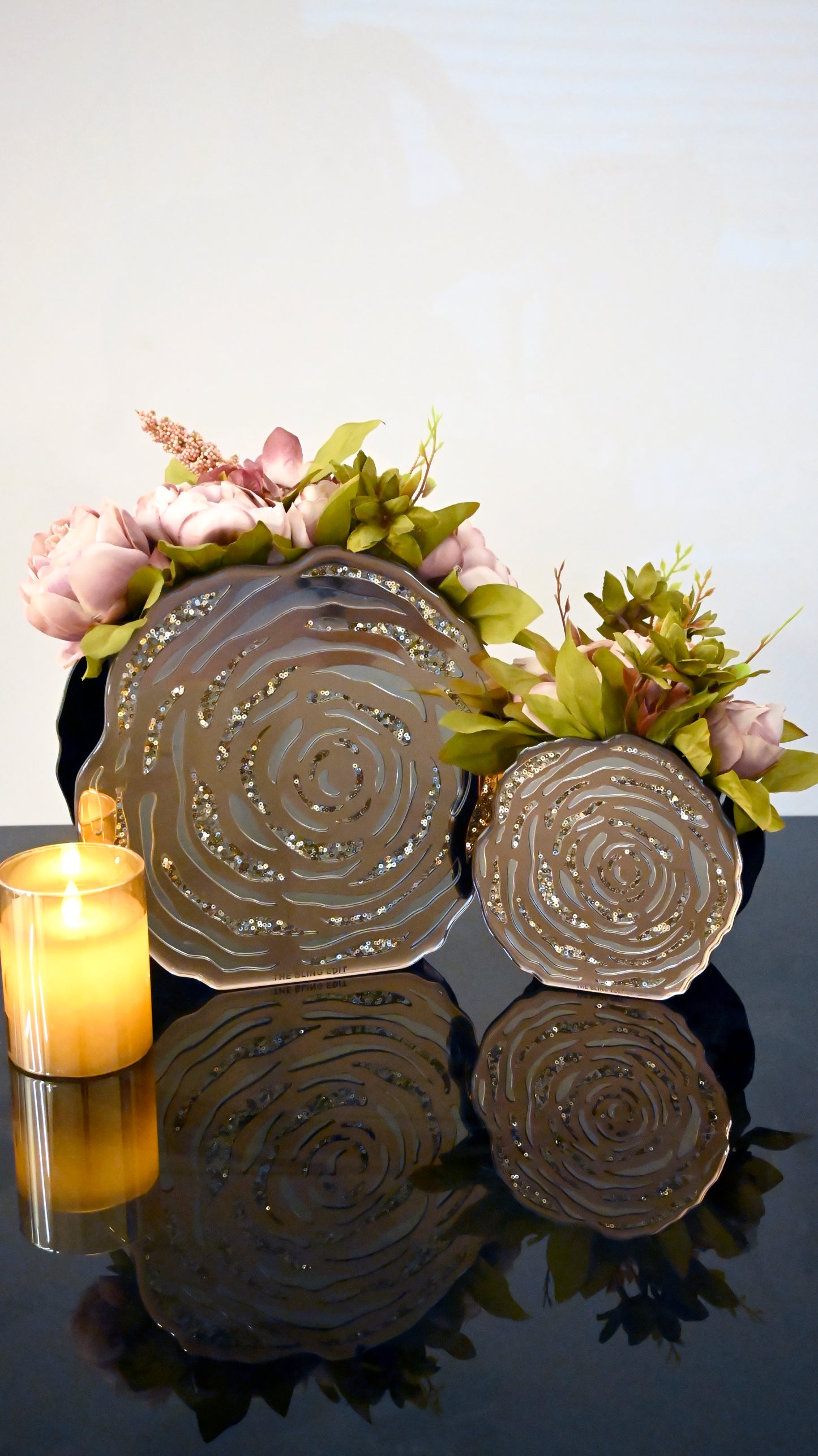 Rose Gold Silver Rosette Sequins: 10" Vase