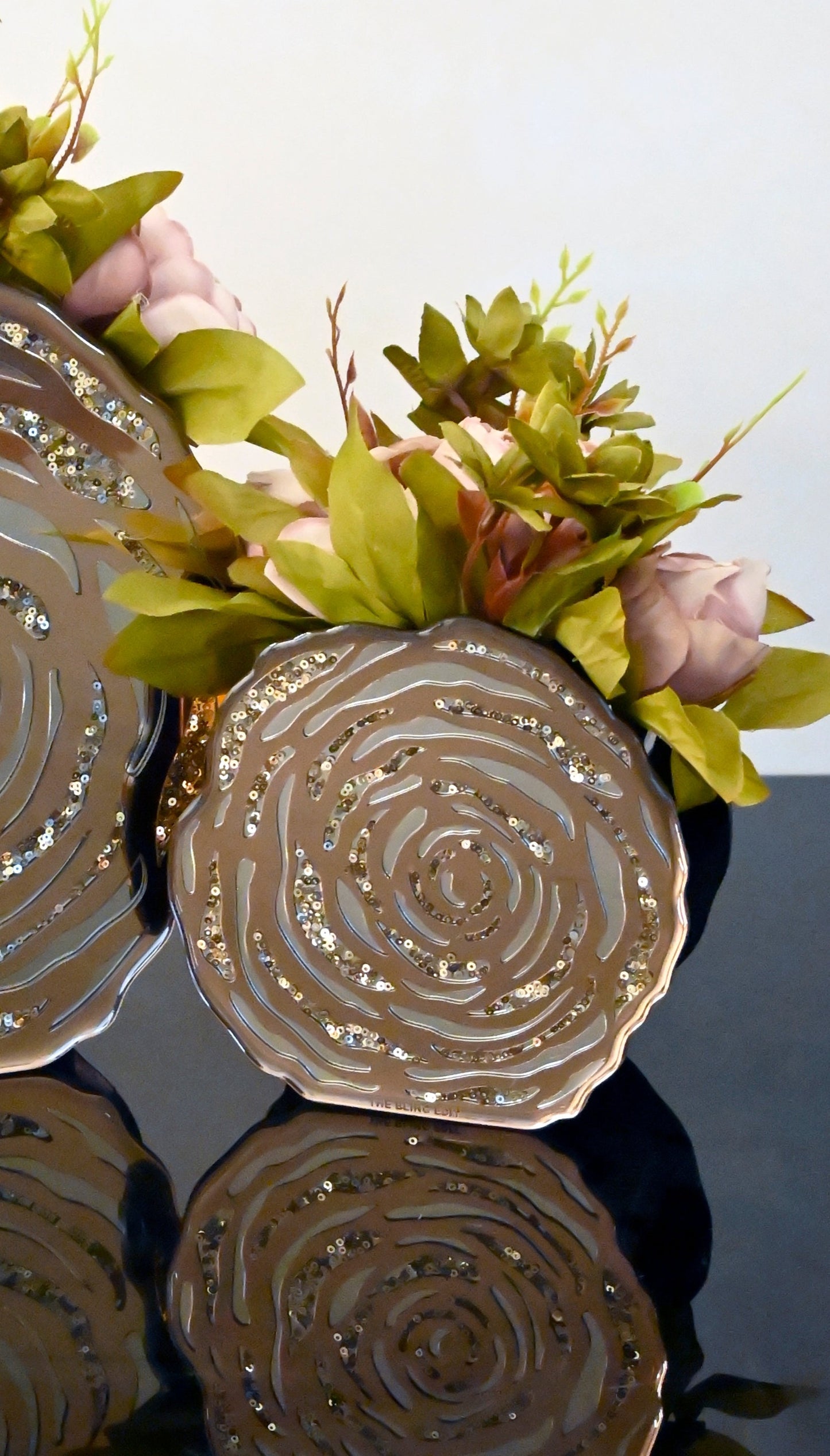 Rose Gold Silver Rosette Sequins: 6" Vase