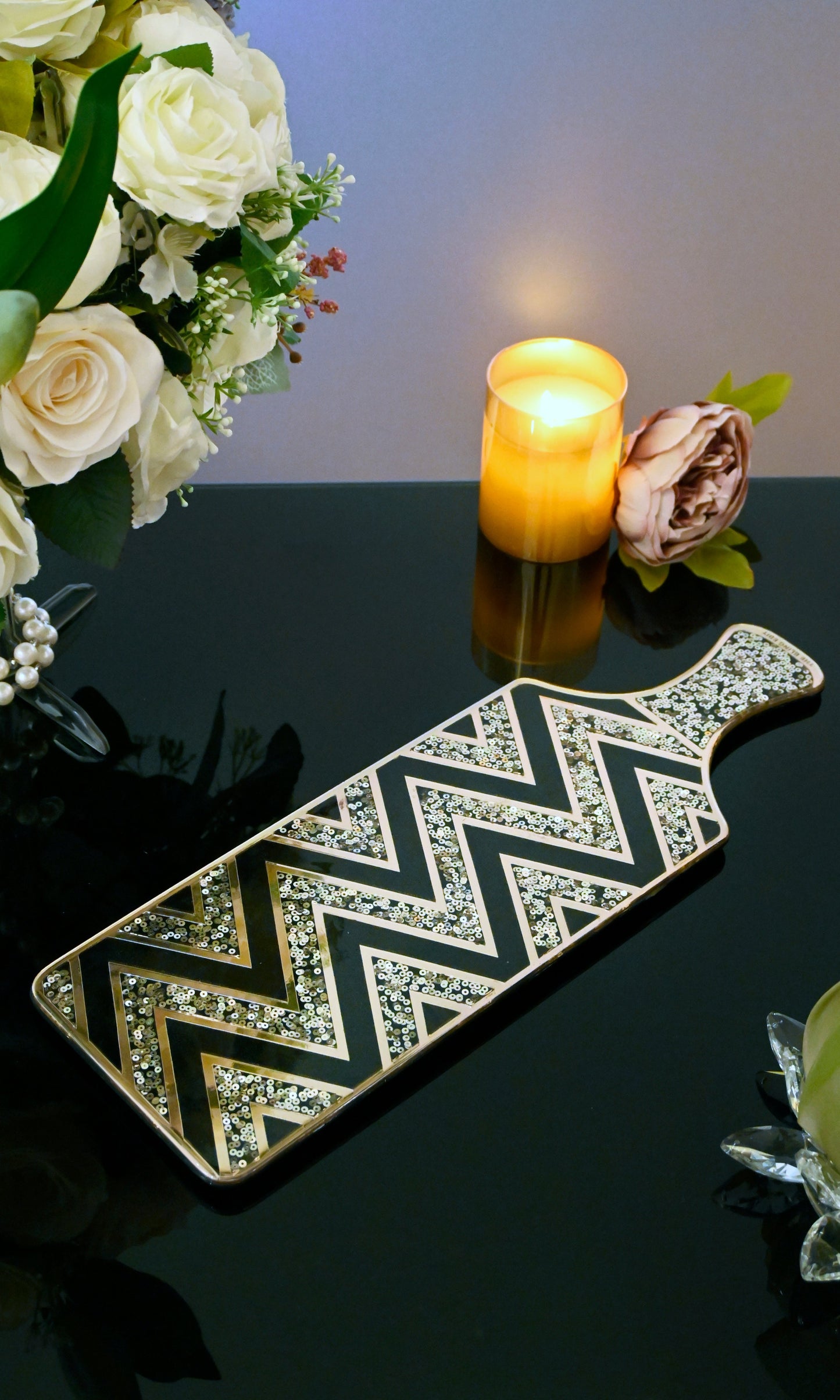 Black & Rose Gold Sequins Chevron: Bat Platter