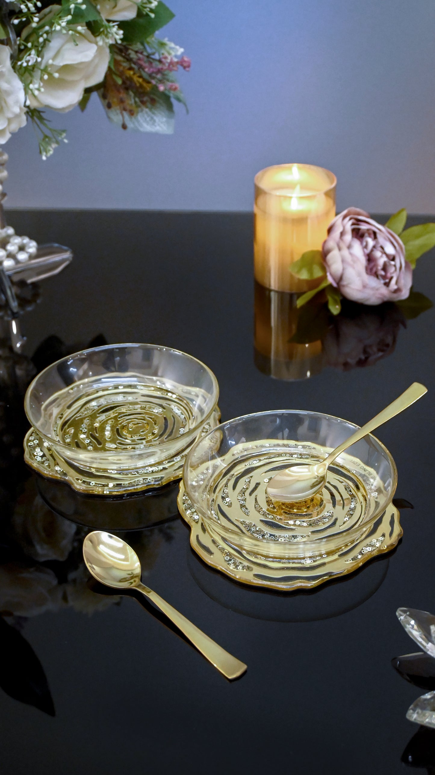 Black & Gold Rosette Sequins: Bowl (Set of 2)