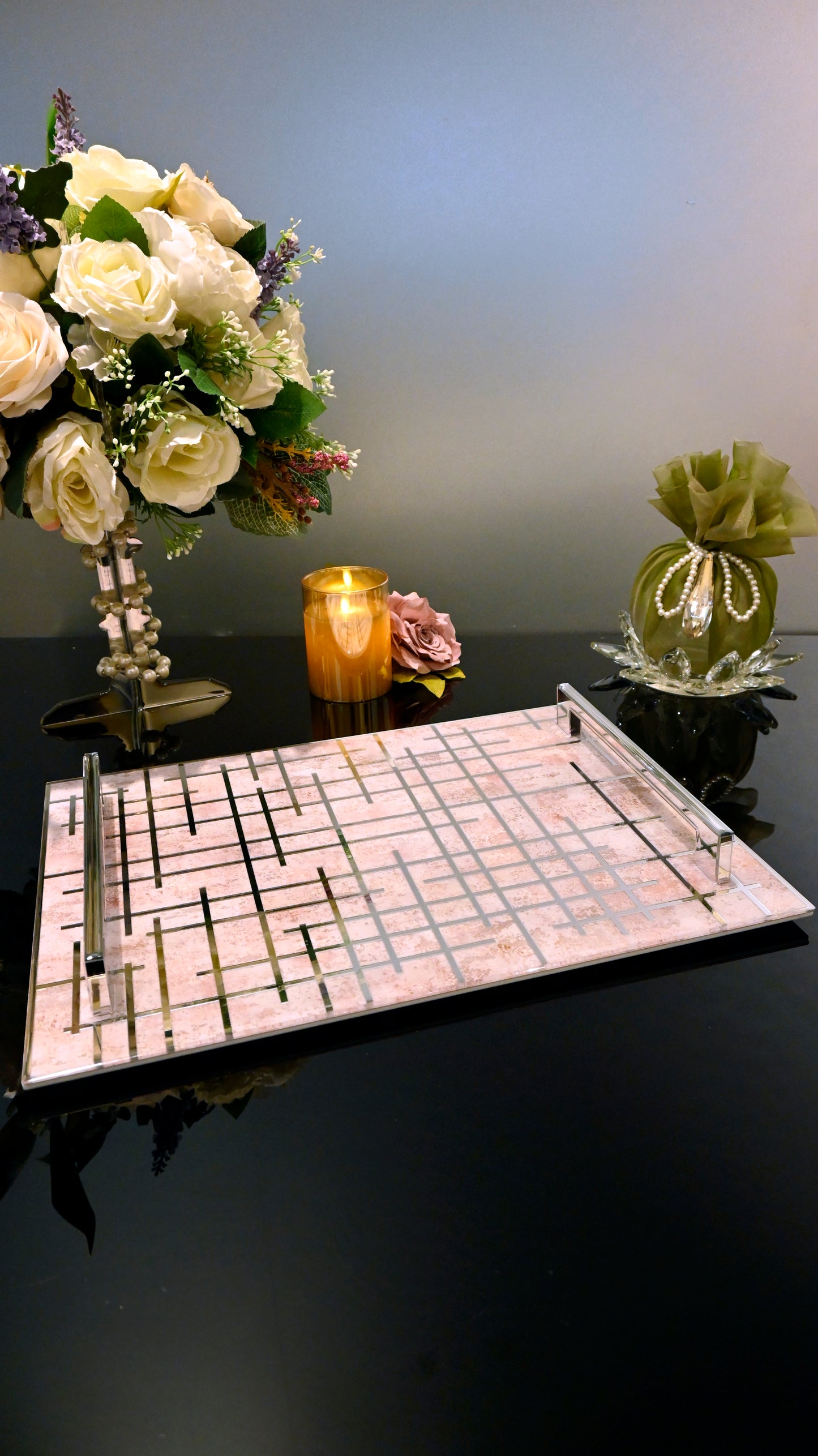 Linear Beige With Silver: Large Tray