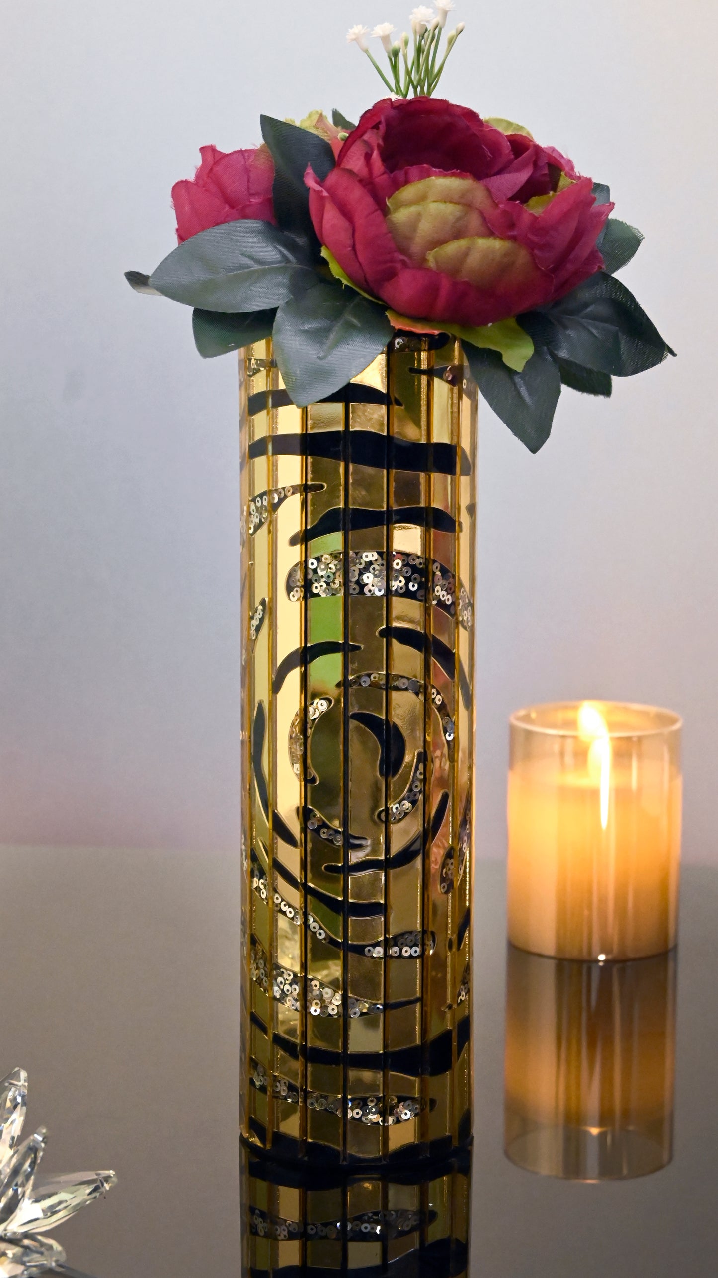 Black & Gold Rosette Sequins: Cylindrical Vase