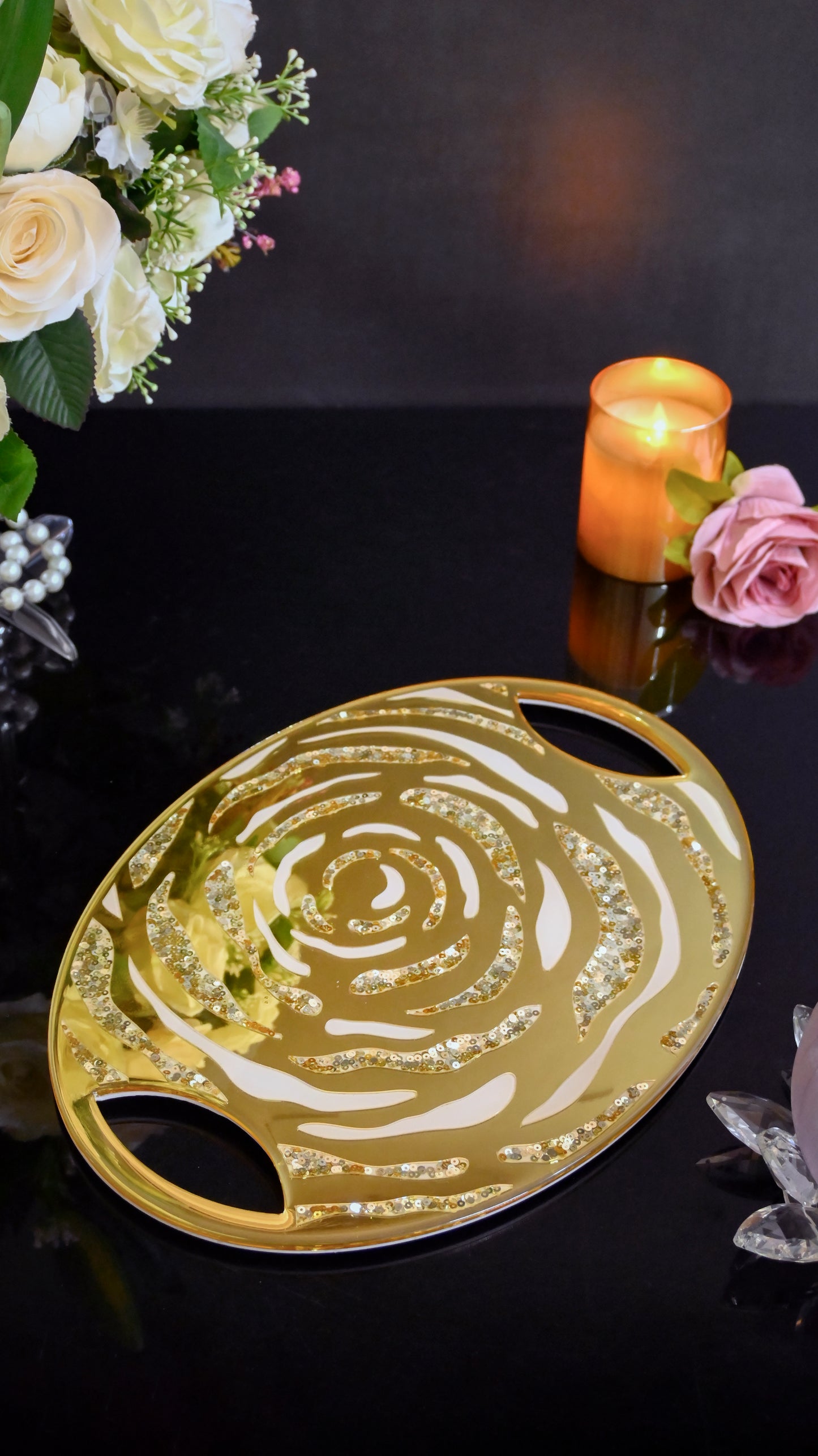 White & Gold Rosette Sequins: Oval Tray