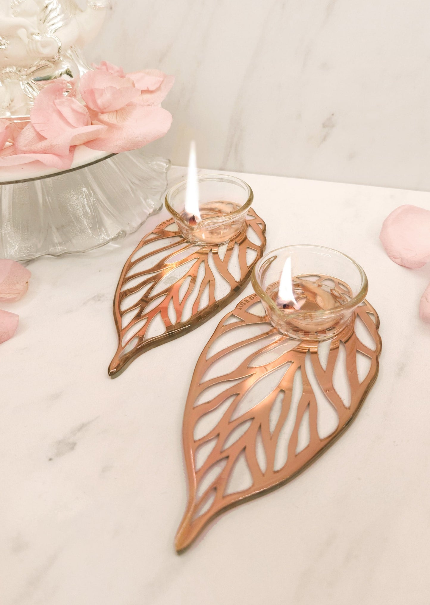 Rose Gold Flat Leaf Diya (Set Of 2)