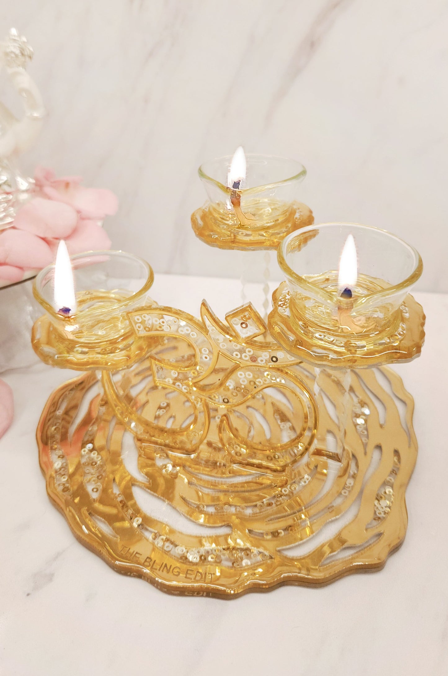 Rosette Gold: Om 3 Stand Diya