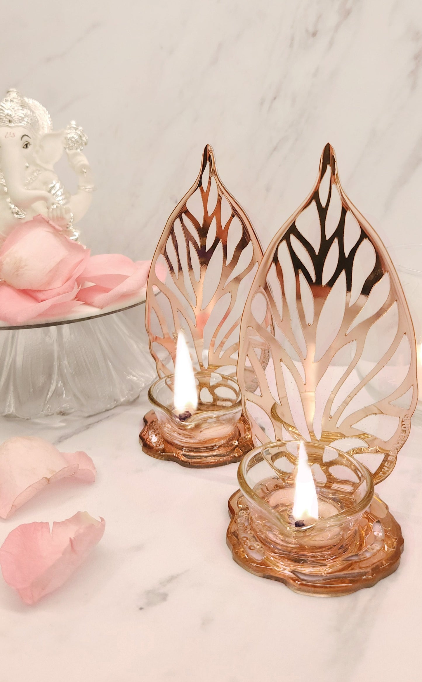 Rosette Rose Gold: Standing Leaf Diya (Set Of 2)