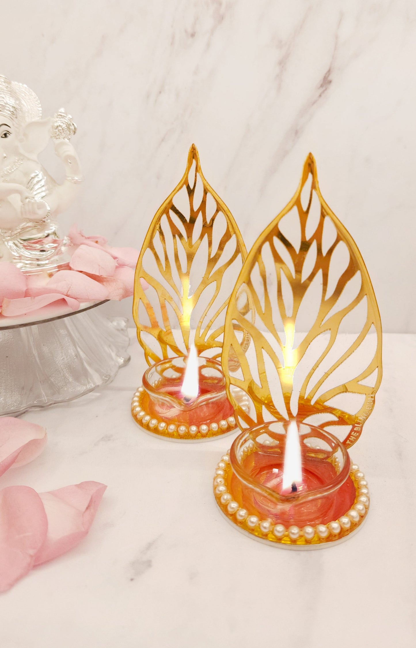 Sunset Bloom: Standing Leaf Diya (Set Of 2)