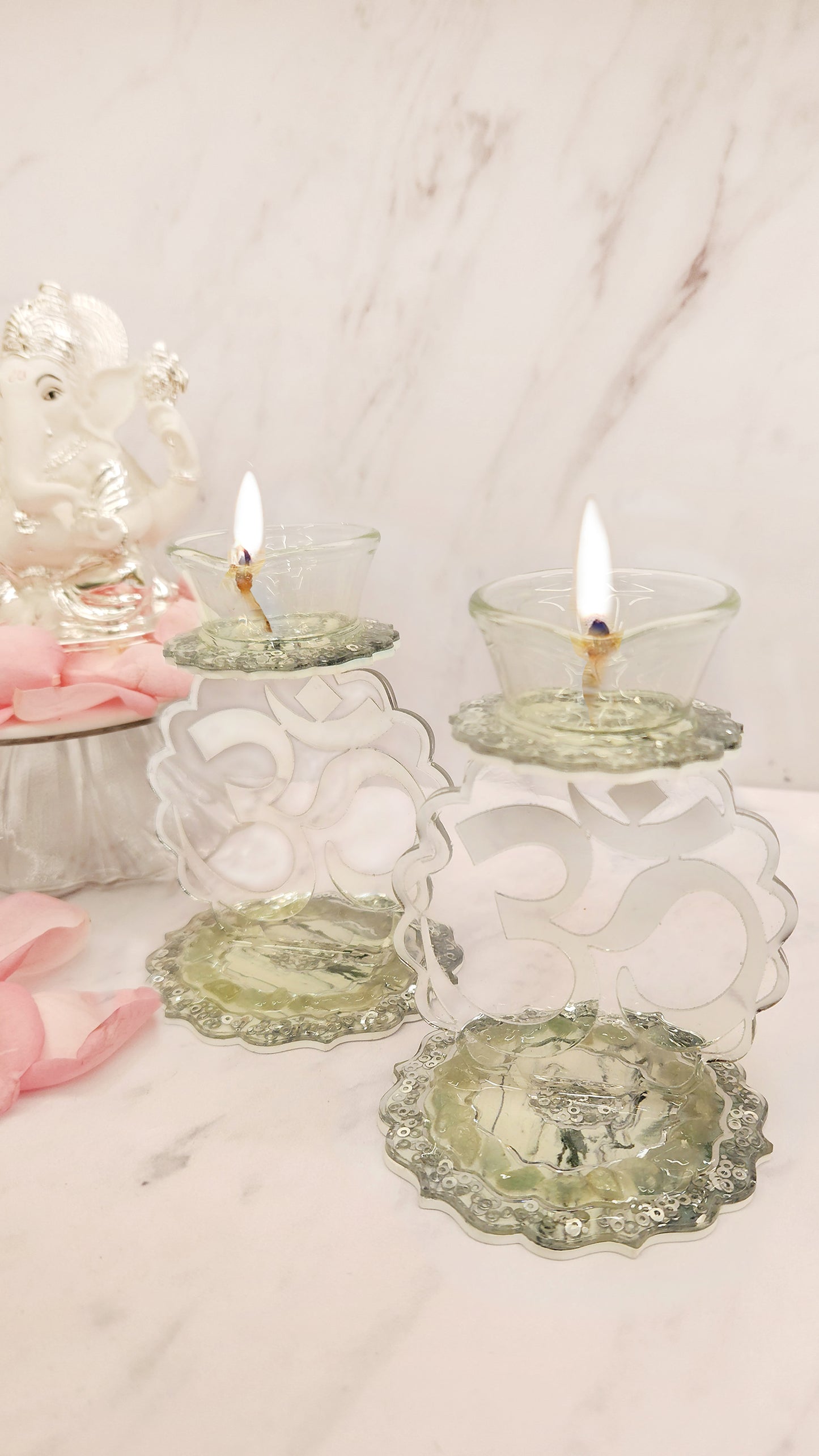 Rose Stones Green: Om Single Diya (Set Of 2)