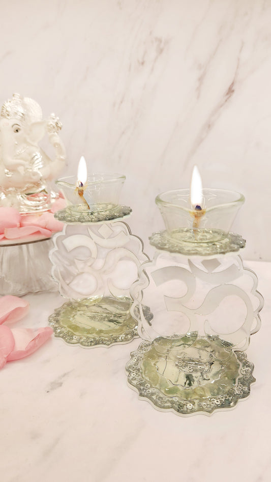 Rose Stones Green: Om Single Diya (Set Of 2)