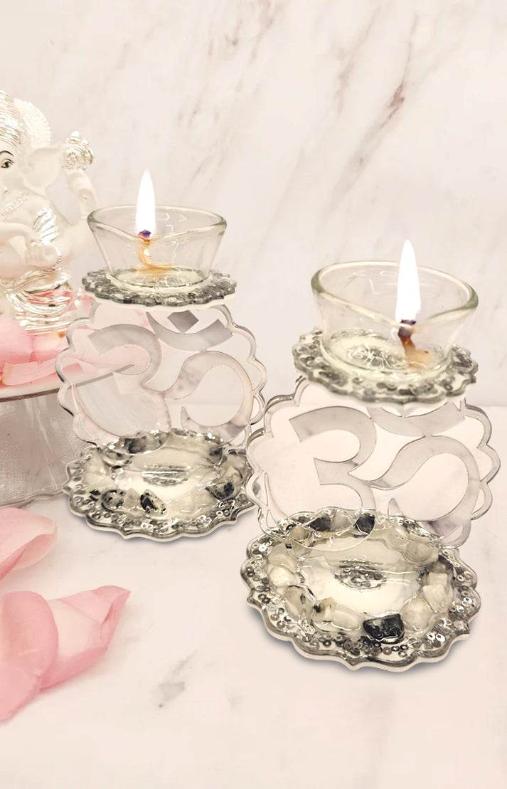Rose Stones White: Om Single Diya (Set Of 2)