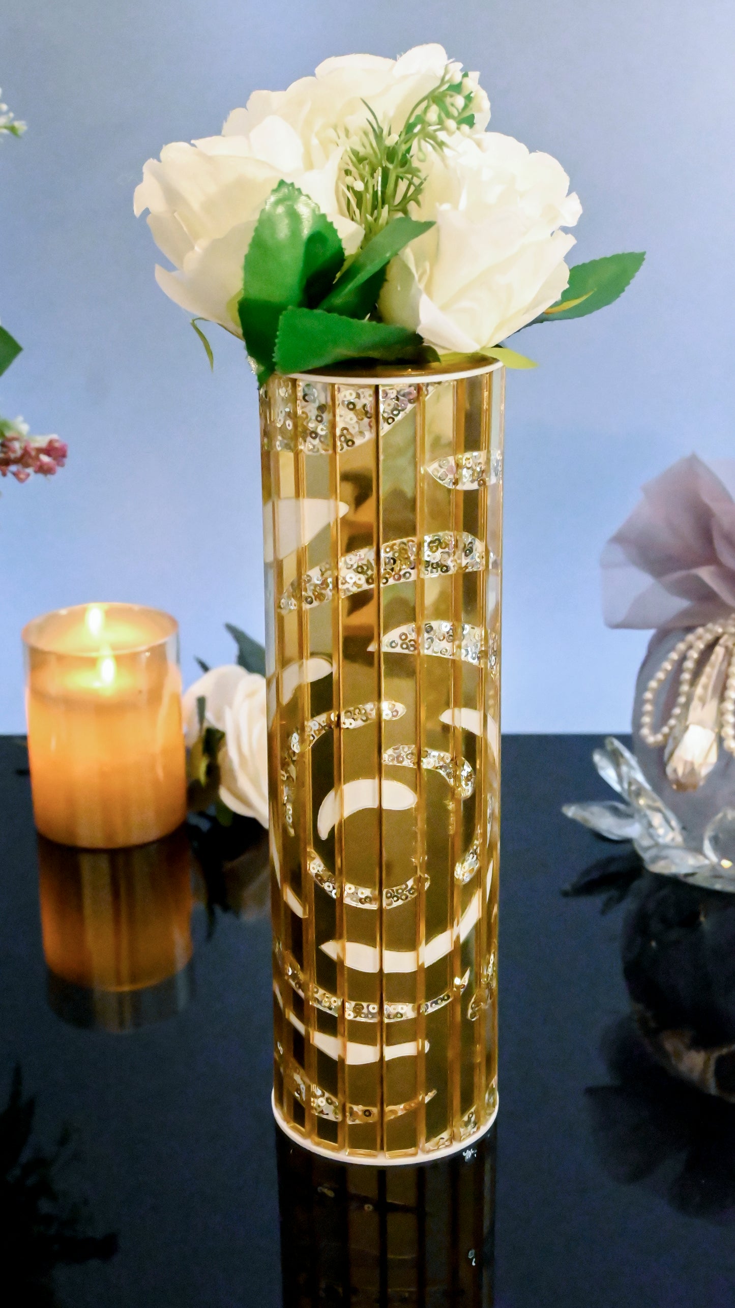 White & Gold Rosette Sequins: Cylindrical Vase