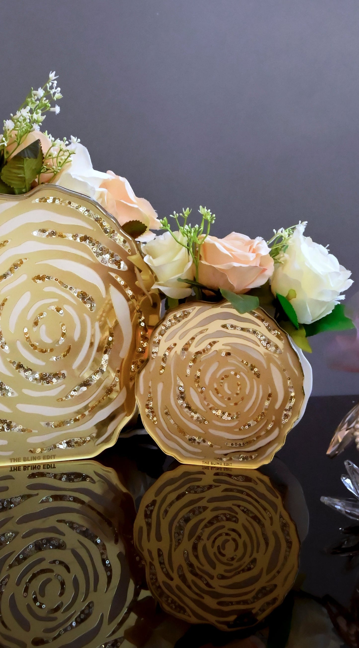 White & Gold Rosette Sequins: 6" Vase
