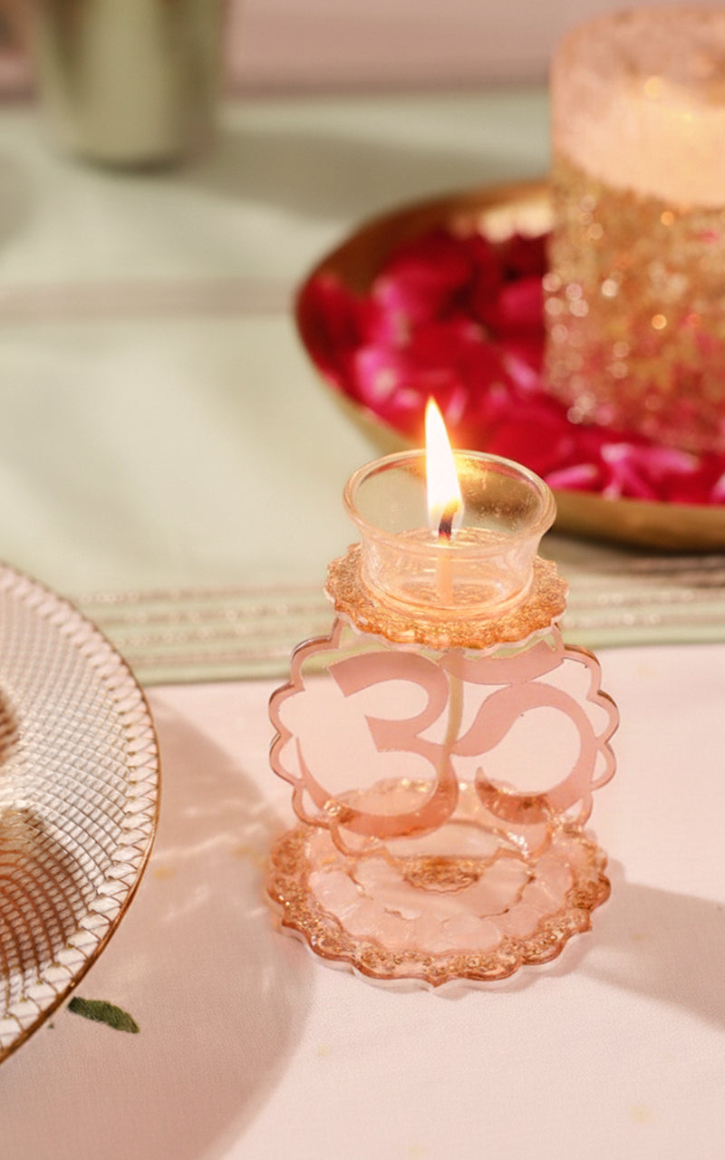 Rose Gold Rose Stones: Om Single Diya (Set Of 2)