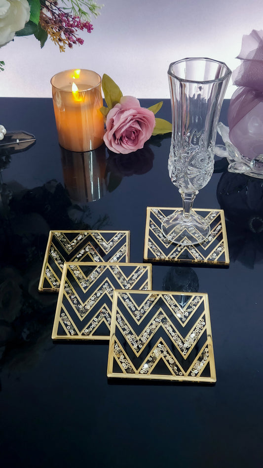 Black & Gold Sequins Chevron: Coaster (Set Of 4)