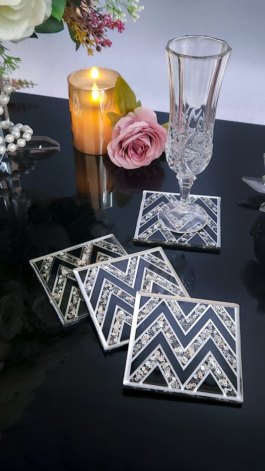 Black & Silver Sequins Chevron: Coaster (Set Of 4)