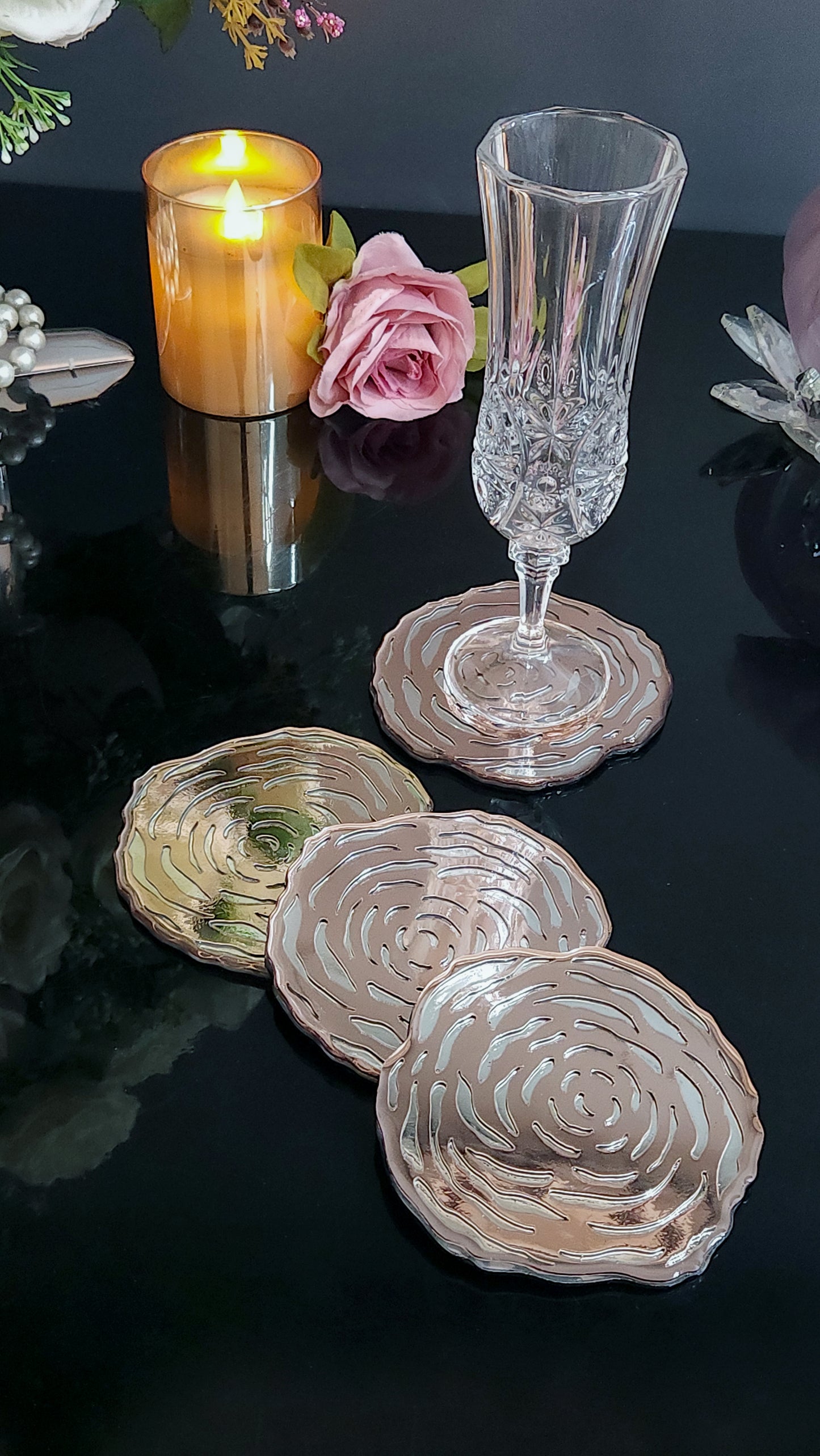 Rose Gold & Silver  Rossette: Coaster (Set Of 4)
