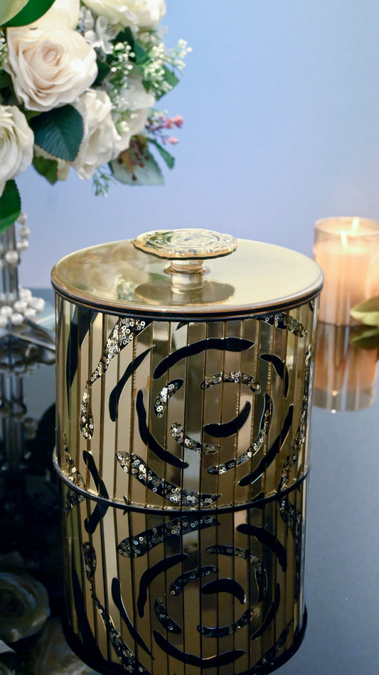 Black & Gold Rossette Sequin: Large Container With Lid