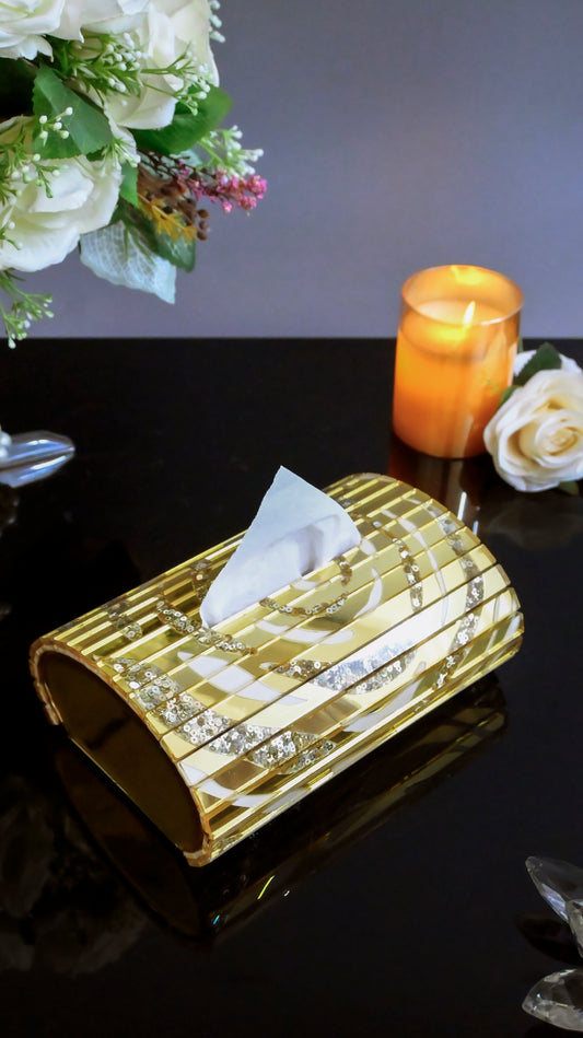 White & Gold Rossette Sequin: Oval Tissue Box