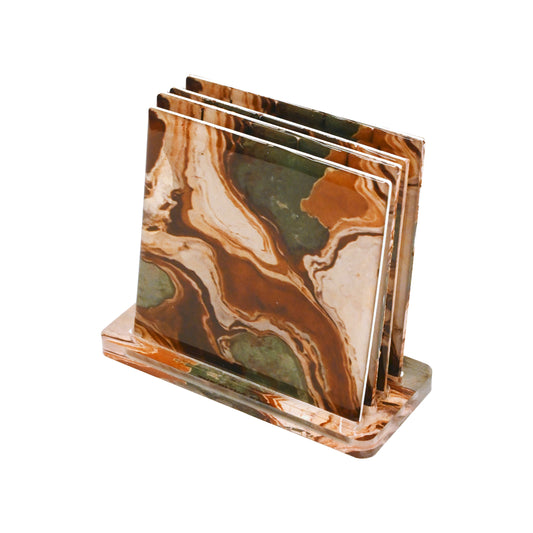 Earth Marble: Square Coasters with Coasters Holder (Set of 4)