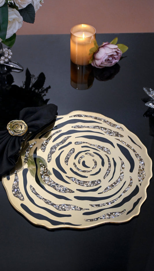 Black & Gold Rossette Sequin: Round Placemat