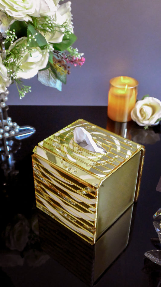 White & Gold Rossette Sequin: Square Tissue Box