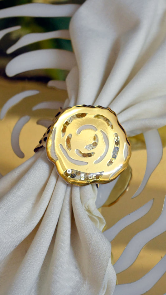 White & Gold Rossette Sequin: Napkin Ring (Set Of 4)