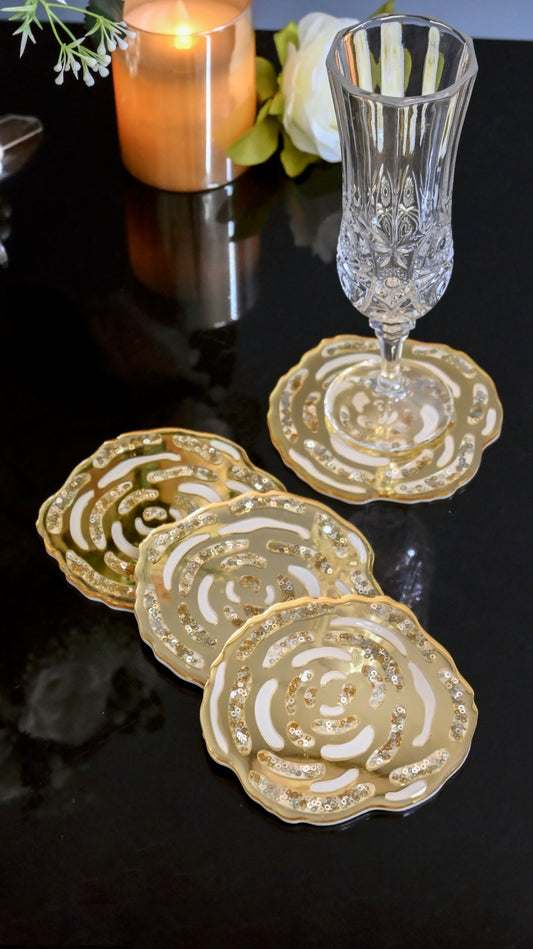 White & Gold Rossette Sequin: Coaster ( Set Of 4)
