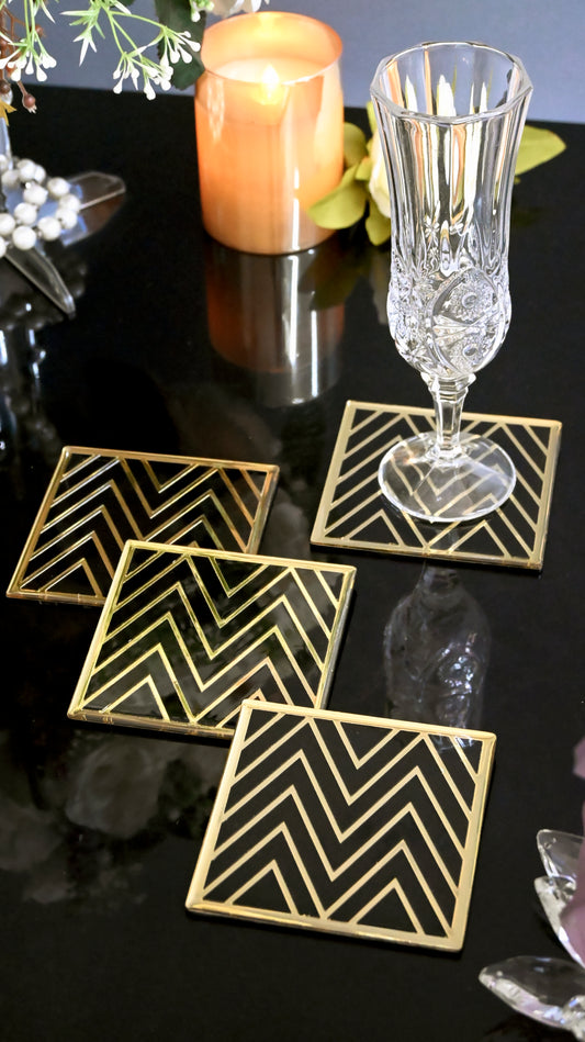 Black & Gold  Chevron: Coaster (Set Of 4)