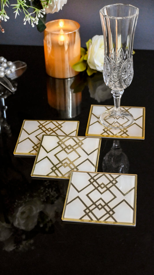 White & Gold Rhombus: Coaster (Set Of 4)