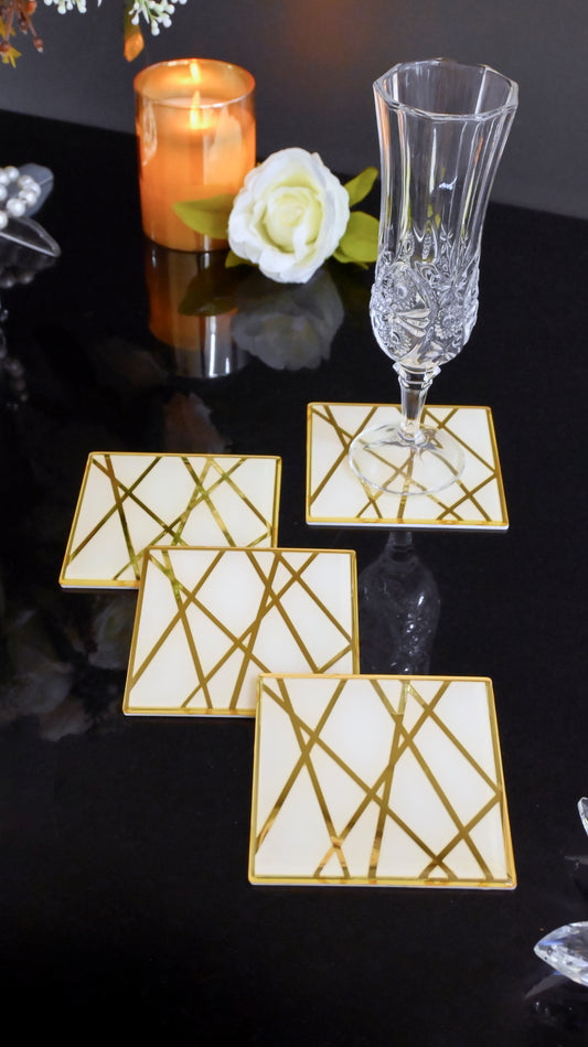 White & Gold Dancing Line: Coaster (Set Of 4)