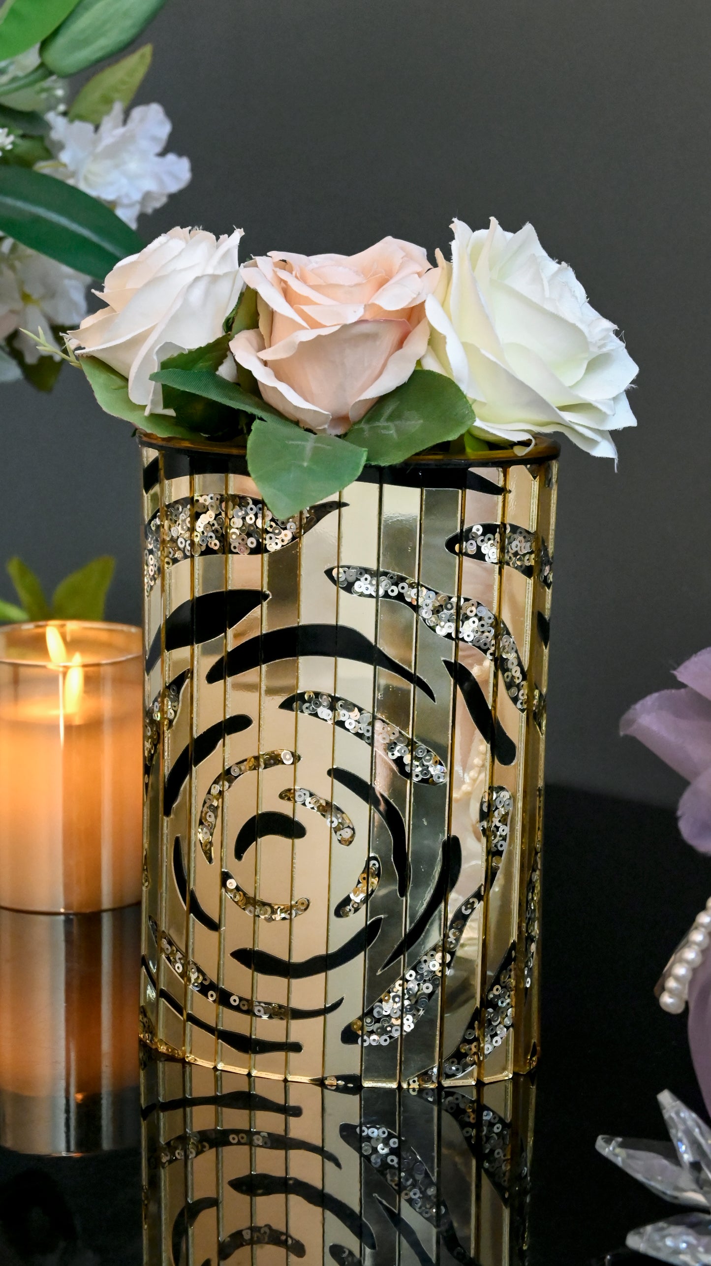 Black & Gold Rosette Sequins: Capsule Vase