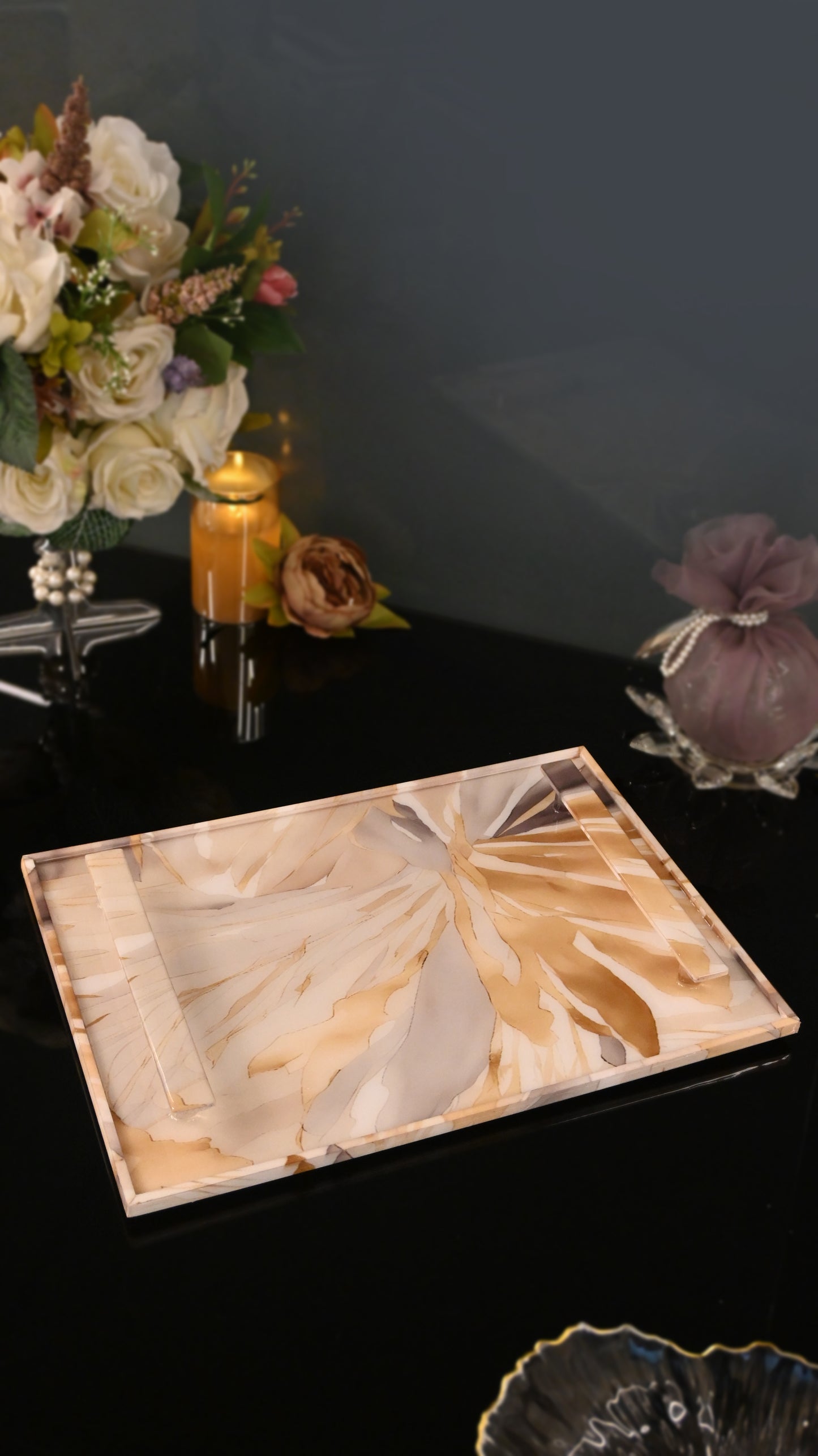 Golden Bloom: Rectangular Border Tray