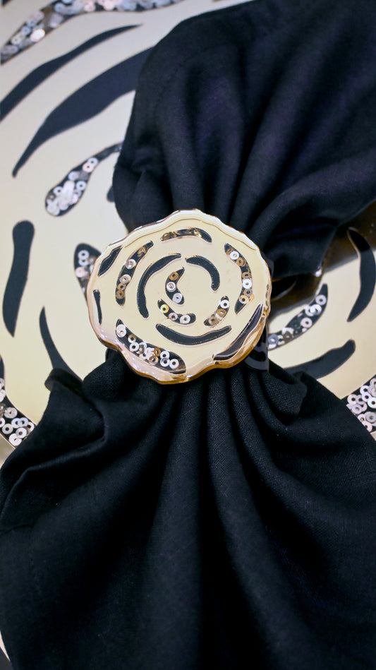 Black & Gold Rossette Sequin: Napkin Ring (Set of 4)