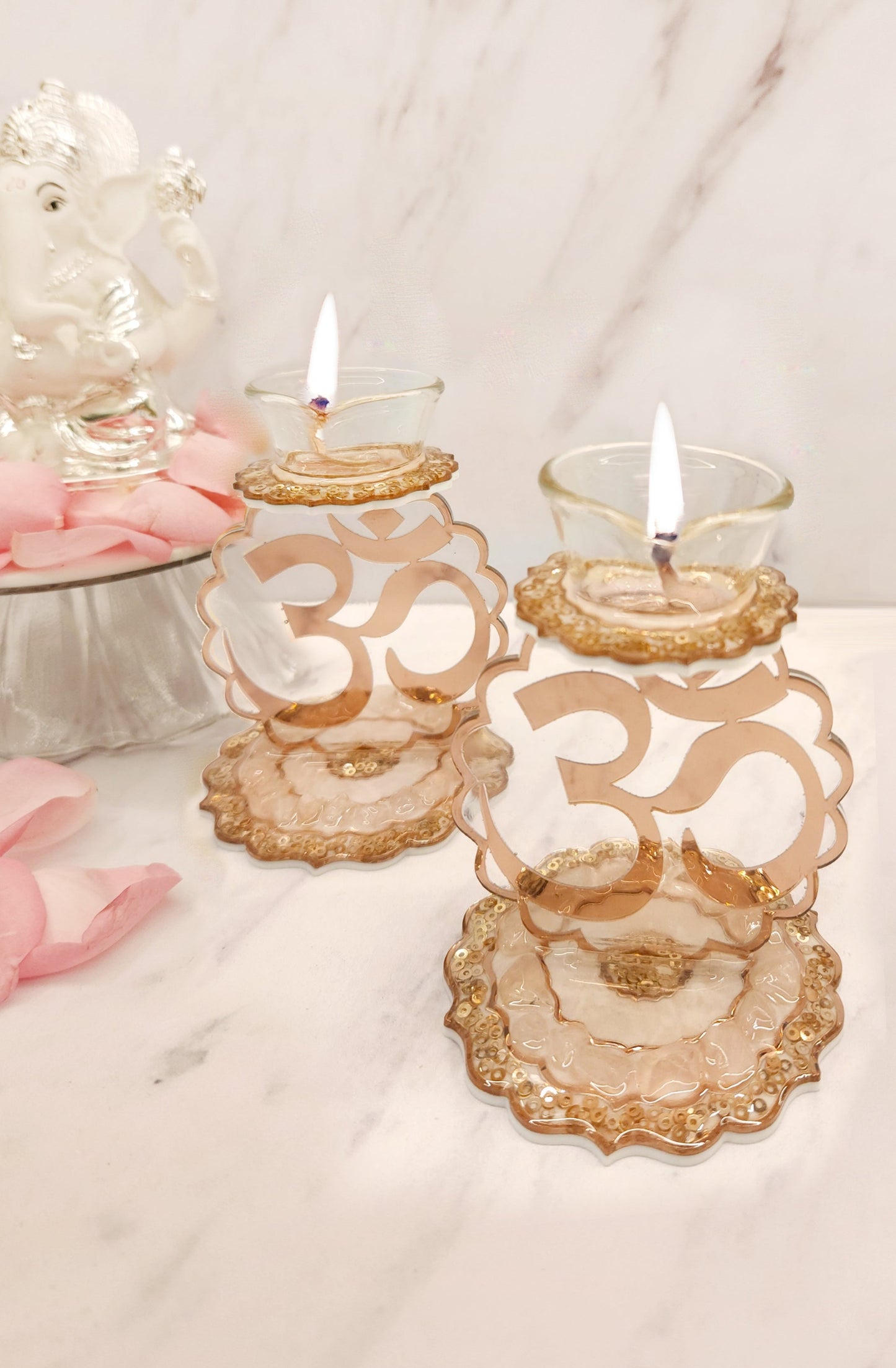 Rose Gold Rose Stones: Om Single Diya (Set Of 2)