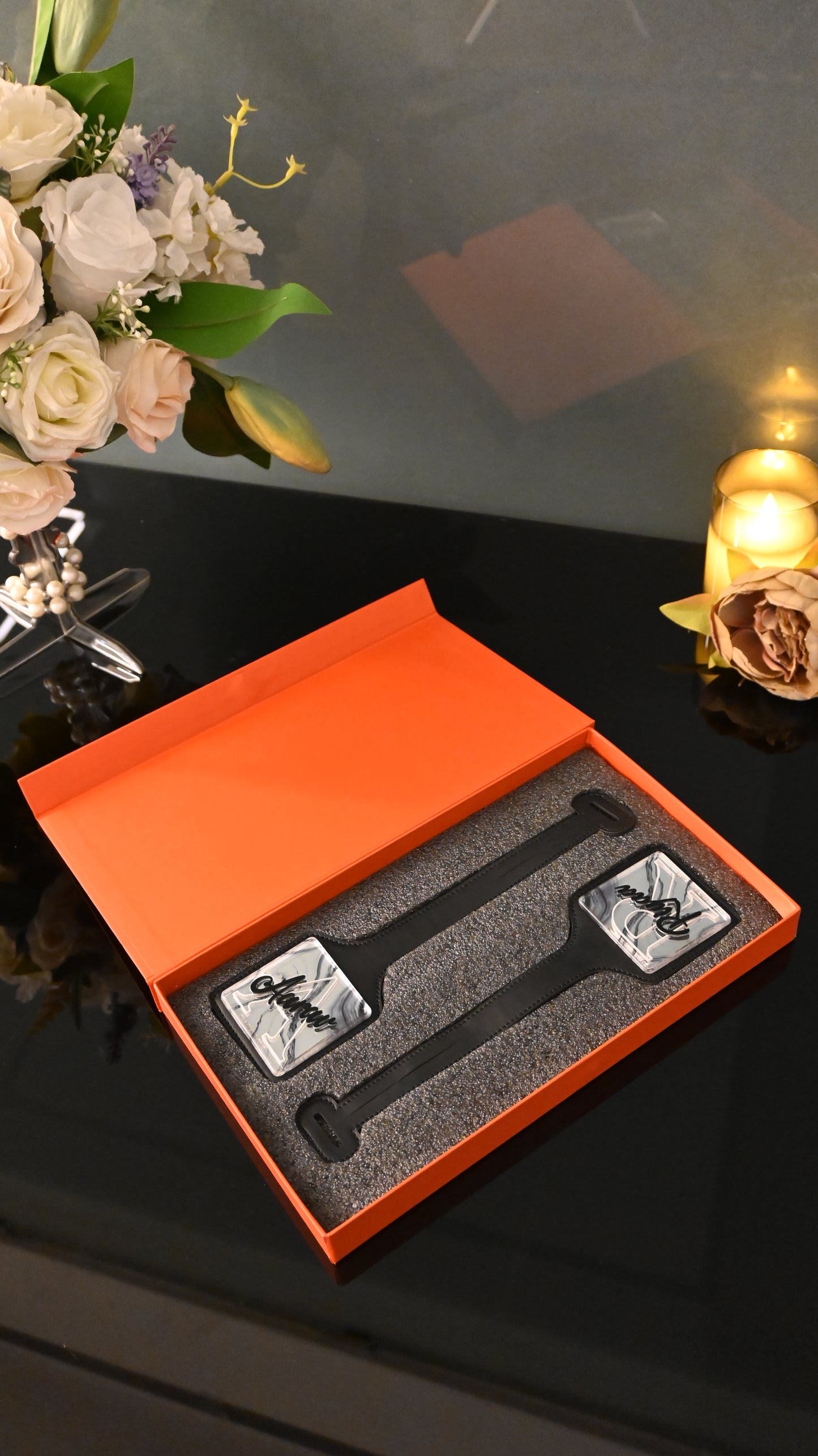 Silver Mirror Print with Black PU Luggage Tag (Set of 2)