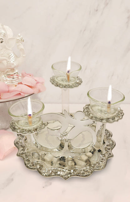 Rose Stones White: Om 3 Stand Diya