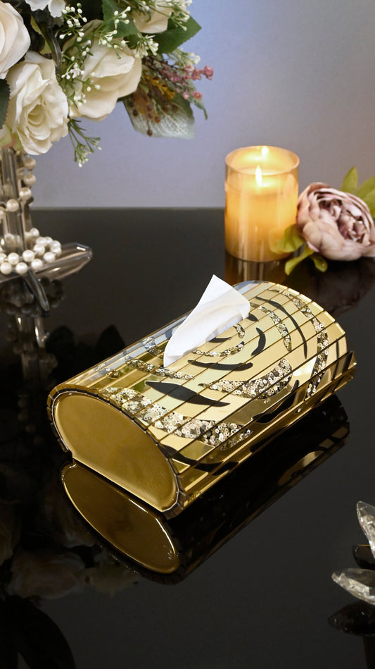 Black & Gold Rossette Sequin: Oval Tissue Box