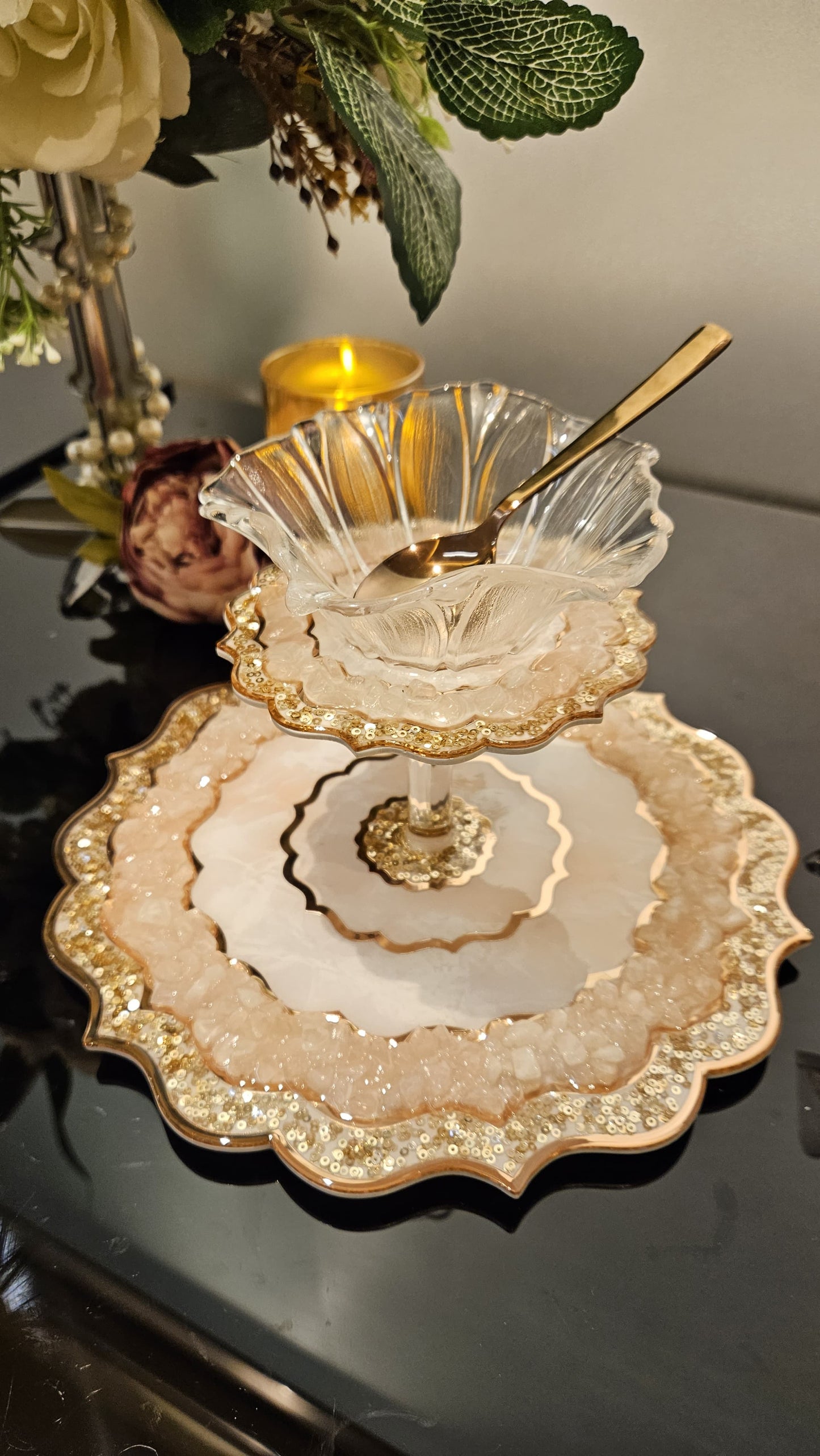 Rose Gold Rose Stone: 2-layer Flower Bowl Platter