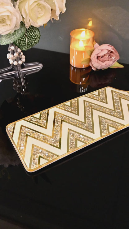 White & Gold Sequins Chevron: Bat Platter